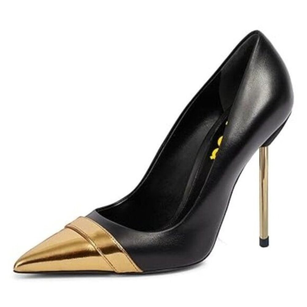 FSJ Black and Gold Pointed Toe Stiletto Heels